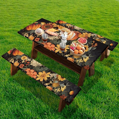 Fall Picnic Table Cover for Outdoor Camping Pumpkin Sunflower Elastic Fitted Table Cloth for Camping Party Supplies 3 PCS Set