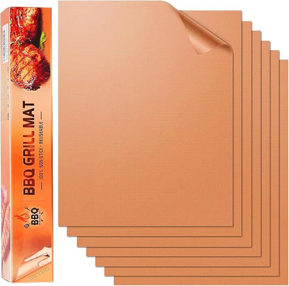 Copper Grill Mats for Outdoor Grill（Set of 6), Nonstick & Easy to Clean BBQ Grilling Sheets, Reusable & Heavy Duty Mats Works on Outdoor Gas, Electric, Charcoal Grill
