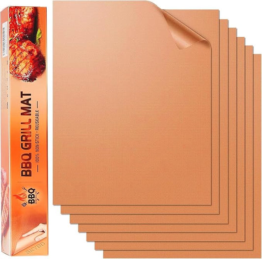 Copper Grill Mats for Outdoor Grill（Set of 6), Nonstick & Easy to Clean BBQ Grilling Sheets, Reusable & Heavy Duty Mats Works on Outdoor Gas, Electric, Charcoal Grill