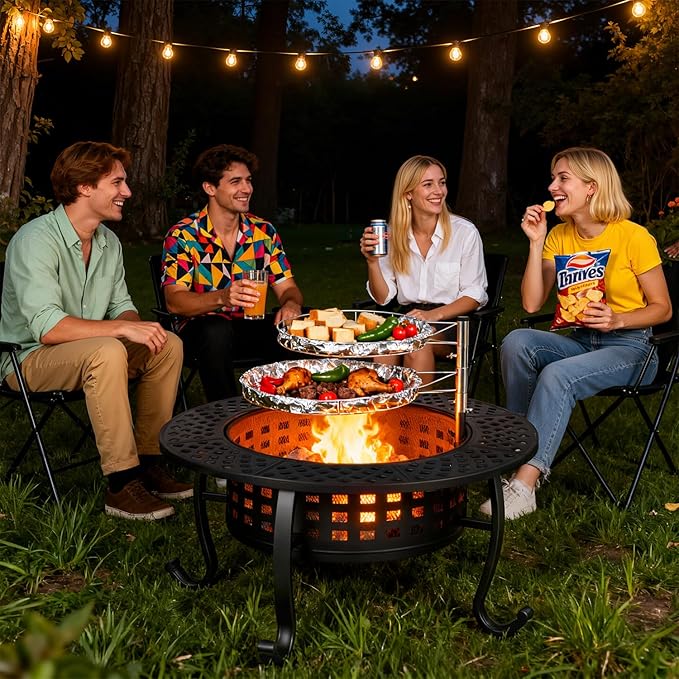 FDW 36 Inch Fire Pit with 2 Adjustable Grills,Wood Burning Fire Pits for Outside with Lid & Fire Poker, BBQ& Outdoor Firepit & Round Metal Table 3 in 1 for Patio, Picnic, Party