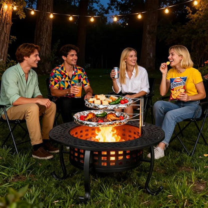 FDW 36 Inch Fire Pit with 2 Adjustable Grills,Wood Burning Fire Pits for Outside with Lid & Fire Poker, BBQ& Outdoor Firepit & Round Metal Table 3 in 1 for Patio, Picnic, Party