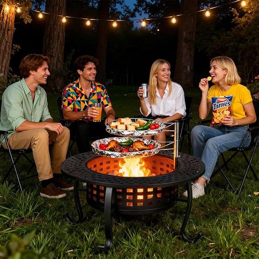 FDW 36 Inch Fire Pit with 2 Adjustable Grills,Wood Burning Fire Pits for Outside with Lid & Fire Poker, BBQ& Outdoor Firepit & Round Metal Table 3 in 1 for Patio, Picnic, Party