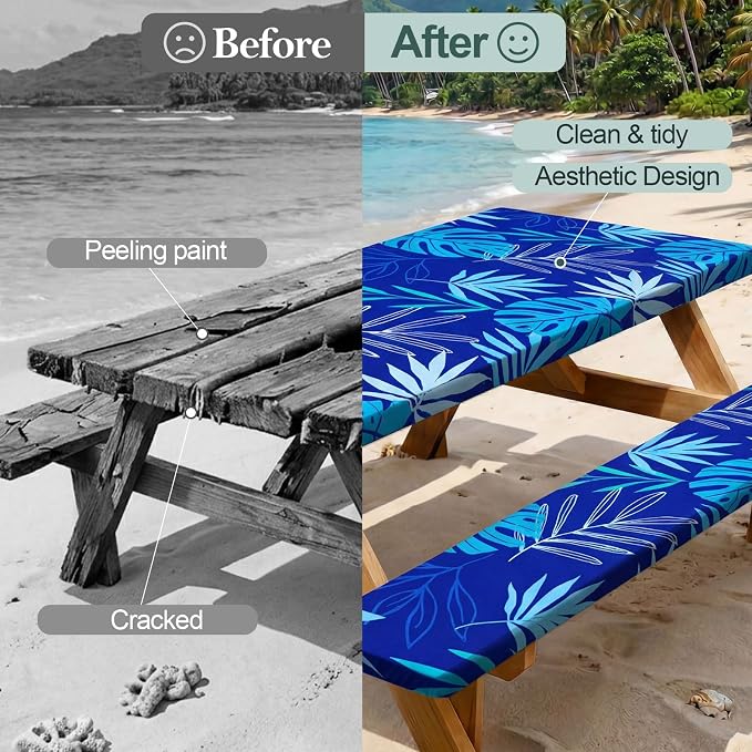 Picnic Table Cover Bench Covers Camping Essentials Tablecloth | Waterproof Vinyl for Outdoor, Windproof Elastic Fitted Edges, RV BBQ Accessories Must Haves, Storage Bag Included