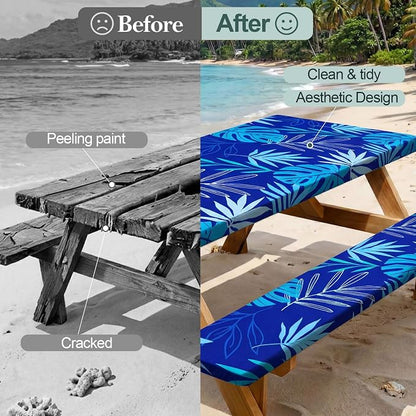 Picnic Table Cover Bench Covers Camping Essentials Tablecloth | Waterproof Vinyl for Outdoor, Windproof Elastic Fitted Edges, RV BBQ Accessories Must Haves, Storage Bag Included