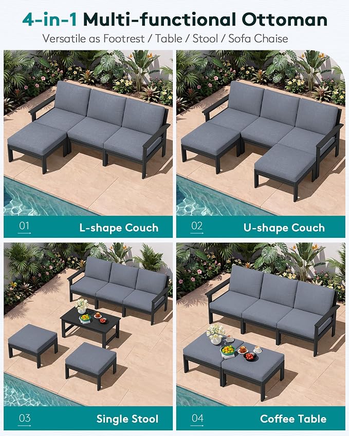 SERWALL Outdoor Ottoman with Cushions for Sofa Set, Black HDPE Frame with Gray Cushions