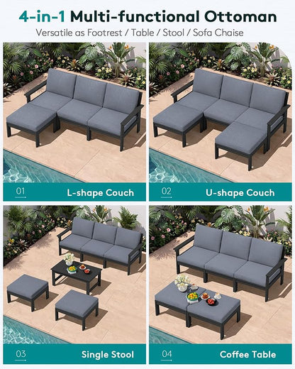 SERWALL Outdoor Ottoman with Cushions for Sofa Set, Black HDPE Frame with Gray Cushions