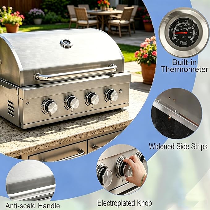 Gas Grill Built-In Head, 28-Inch 4-Burner Propane Grill, Natural Gas Convertible, Heavy Duty 304 Stainless Steel 48,400BTUs Outdoor Kitchen Island Family Cooking