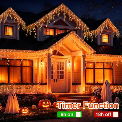 YEGUO 33ft 400 LED Orange Halloween Lights, Connetable Icicle Light Outdoor Waterproof, 8 Modes Christmas Lights Indoor Plug in for Thanksgiving House Patio Fall