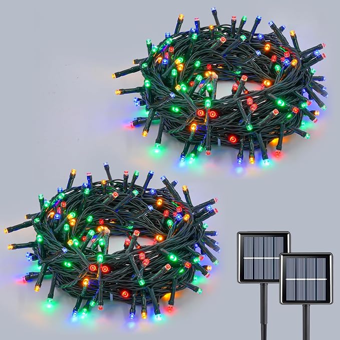 YEGUO Solar String Lights Outdoor Waterproof, 2 Packs Each 33ft 100 LED Multicolor Lights, 8 Modes Twinkle Light for Christmas Tree Outside Garden Yard Xmas Decor