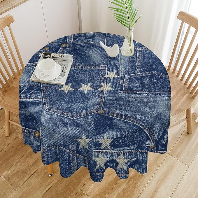Denim Patchwork Style Round Tablecloth, Fashionable Blue Denim Jean Pocket Design Water Resistant Wipeable Table Cover for Farmhouse Picnic Party Holiday Kitchen Dinner Table 36"