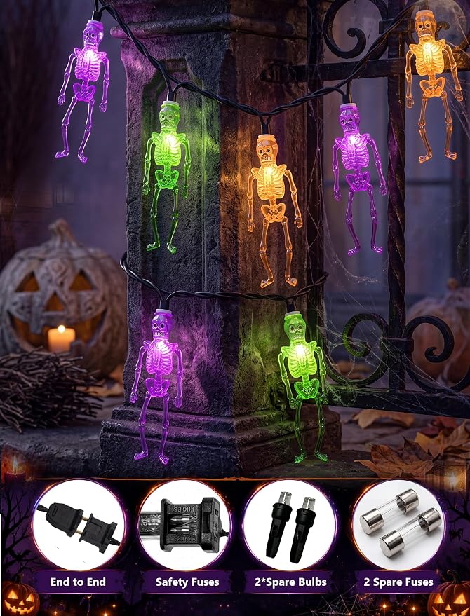 8.5Ft Halloween Skull String Lights, 10 LED Orange Green Purple Skeletons | Plug in, End-to-end Connectable, Weathproof & UL Listed, Hanging Halloween Ghost Decor for Indoor Outdoor Patio Porch Party
