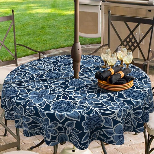 Outdoor/Indoor Round Tablecloth with Umbrella Hole Zipper, Decorative Circular Table Cover for Home Garden, 60 Inch, Flower Navy