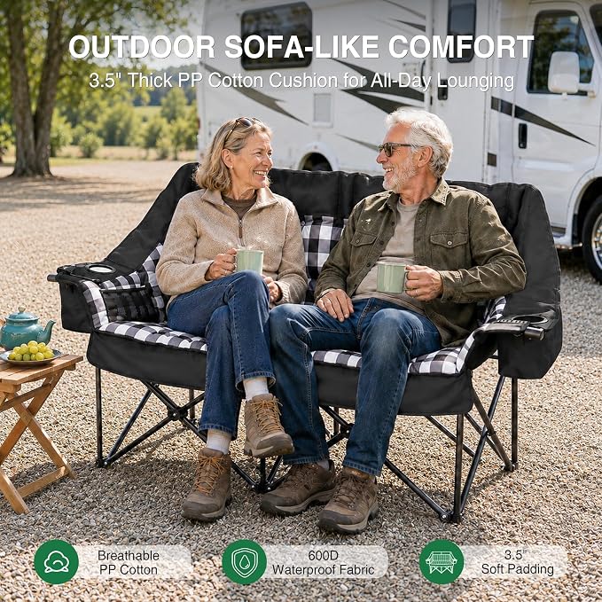 HOPERAN Double Camping Chair 800lbs Camping Couch Folding Loveseat, Black | 59" Wide Seat, 600D Fabric, Thickened Padding, Cooler Bag, Side&Rear Pocket, Cup&Wine Glass Holder, for Lawn Patio Beach