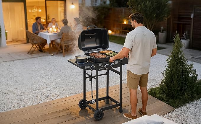 Outdoor Gas Grill with 6 Burners & Side Burner 59000 BTU Stainless Steel BBQ Grill Enamel-Coated Grates Side Tables for Backyard Patio Cooking Charcoal Grills & Smokers,A1