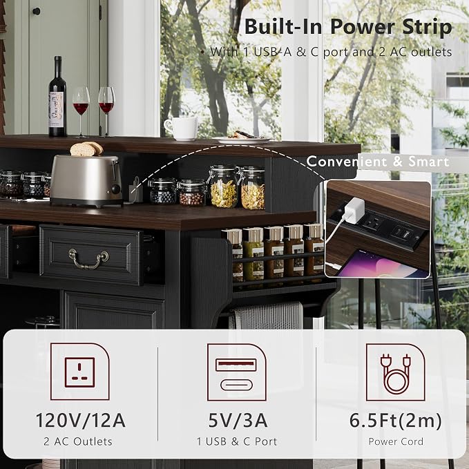 Merax 53.2" Two-Tier Kitchen Island with Storage, Farmhouse Kitchen Island with Power Outlet, 4 Door Shelves, Adjustable Shelves, 3 Drawers, Rolling Island Table, Bar Cabinet for Kitchen, Ash Black