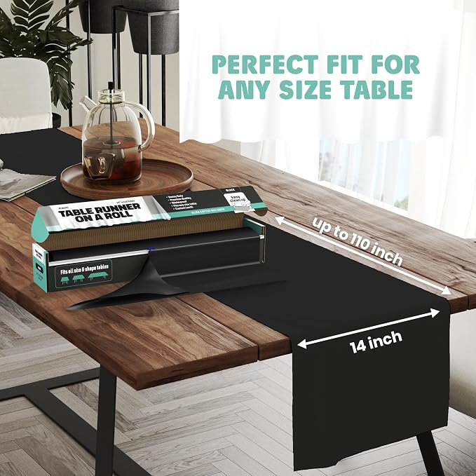 Black Table Runner – 14" X 110' Premium Plastic Longtable Runners with Cutter Box - Cut to Size - Decorative Rectangle Table Runners - Smooth Table Cloth - Disposable Table Cloths, Parties, Weddings.