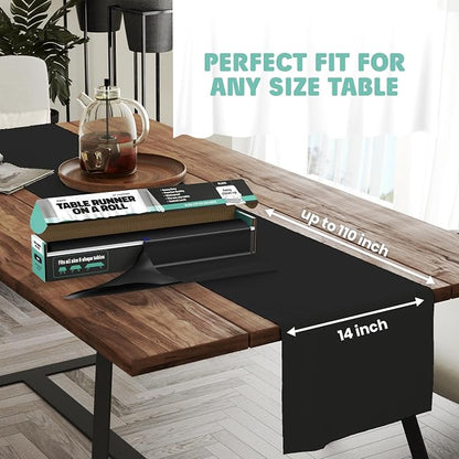 Black Table Runner – 14" X 110' Premium Plastic Longtable Runners with Cutter Box - Cut to Size - Decorative Rectangle Table Runners - Smooth Table Cloth - Disposable Table Cloths, Parties, Weddings.