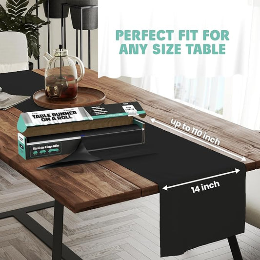Black Table Runner – 14" X 110' Premium Plastic Longtable Runners with Cutter Box - Cut to Size - Decorative Rectangle Table Runners - Smooth Table Cloth - Disposable Table Cloths, Parties, Weddings.