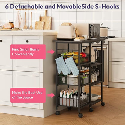 SWTYMIKI Kitchen Island Cart on Wheels - 28.35x14.57in Rolling Kitchen Table Cart with Storage Shelves, 6 Removable Hooks& Locking Casters, Coffee Bar Cabinet for Dining Room Pantry Office, Black