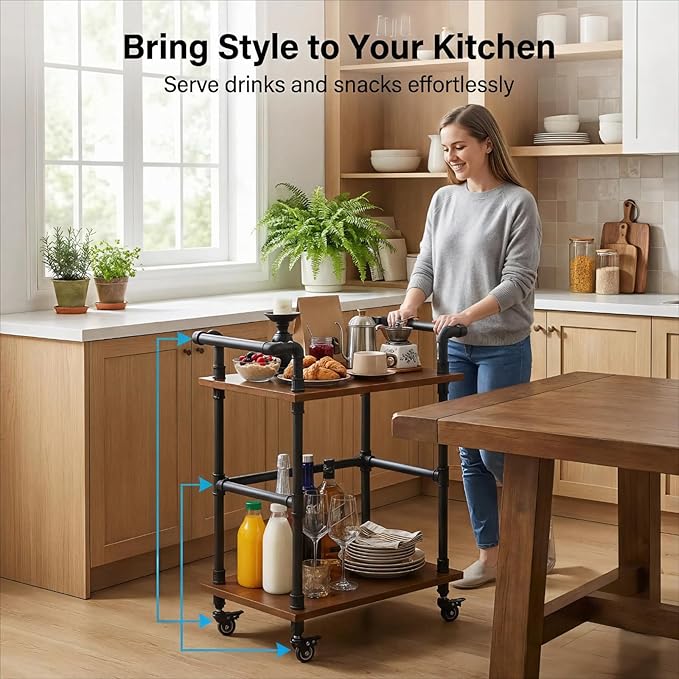 Industrial Pipe Bar Cart, Solid Wood Serving Cart, Rolling Kitchen Cart | Wine Rack Carts on Wheels with Shelves, Tea Liquor Shelves/Holder, Bar Furniture for Home Kitchen Office Living Room