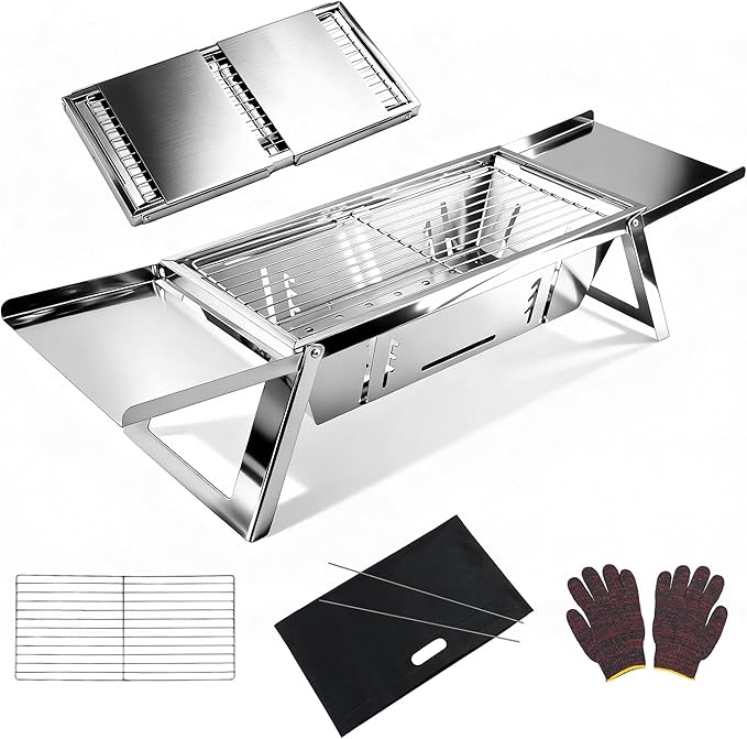 Portable Charcoal Grill 2-3 People Foldable Camping Grill for Outdoor Cooking, Small Charcoal Grill, Portable Fire Pit, Stainless Steel Mini Outdoor Grill for Camping, Picnic, Bonfire