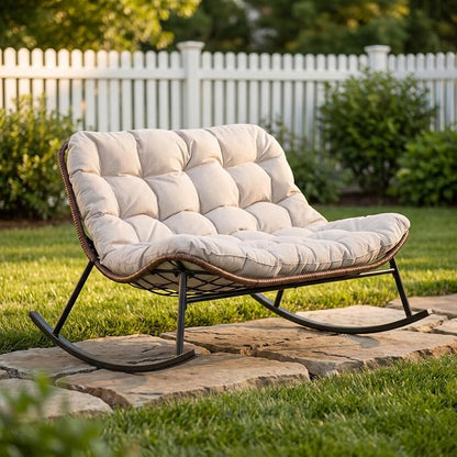 Rocking Papasan Chair, Double Wide Outdoor Lounge Chair, Beige | Double Wide Design with Plush Cushions, Sturdy Rattan Frame and Gentle Rocking Comfort for Patios, Gardens and Balconies