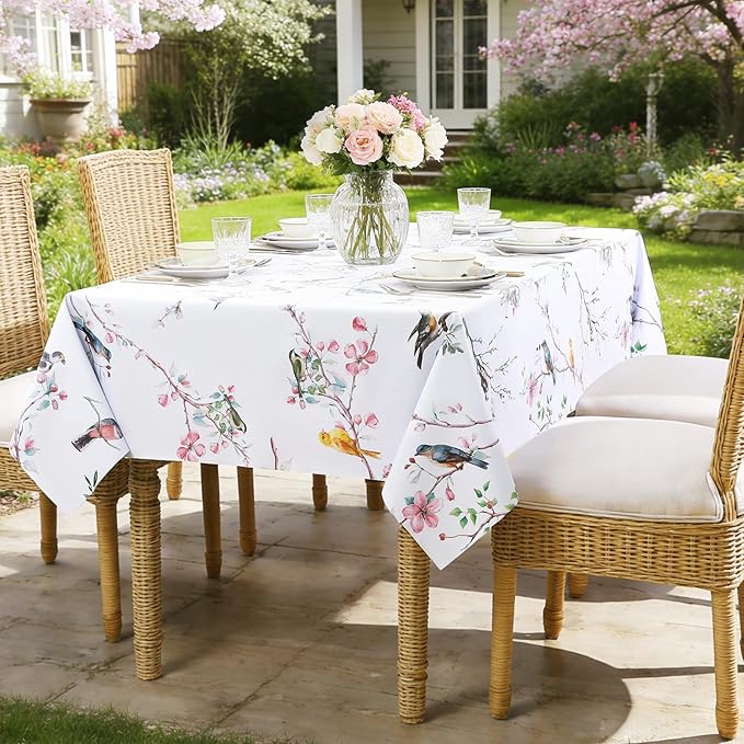 Romanstile Summer Square Vinyl Tablecloth, Outdoor Waterproof Oil-Proof Plastic Table Cloth, Heavy Duty Vinyl Table Cover for Dining, Camping, Picnic, Outdoor - 54 x 54 Inch, Bird