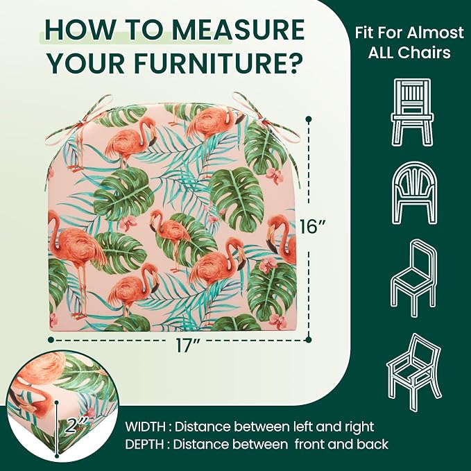 HARBOREST Outdoor Chair Cushions Set of 2, Water Resistant Patio Chair Cushions with Ties, Outdoor Seat Cushions for Patio Furniture, 17"x16"x2", Flamingo