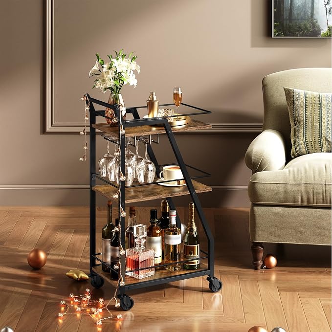 Bar Cart, 3-Tier Home Bar Serving Cart with Wheels, Drink Cart with Glass Holder, Beverage Cart, Rolling Kitchen Cart, for Home, Living Room, Rustic Brown and Black BC03BR