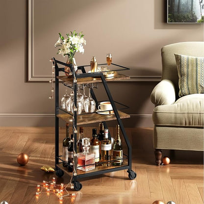Bar Cart, 3-Tier Home Bar Serving Cart with Wheels, Drink Cart with Glass Holder, Beverage Cart, Rolling Kitchen Cart, for Home, Living Room, Rustic Brown and Black BC03BR