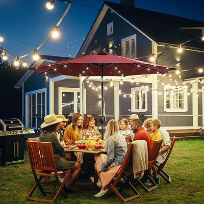 Sun-Ray 9' Round Patio Umbrella with 32 Solar Powered LED Lights, Push-Button Tilt and Hand Crank Lift, Solar Umbrella in Burgundy for Porch, Deck, and Patio
