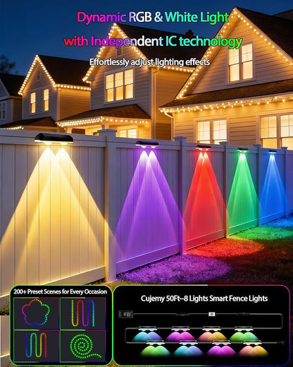 Outdoor Fence Lights 8 Pack, 50ft Smart RGB Outdoor Lights, APP, Remote Control, IP67 Waterproof LED String Light with Timer for Wall Deck Step Patio Railing Yard Stairs Pool Christmas Decor