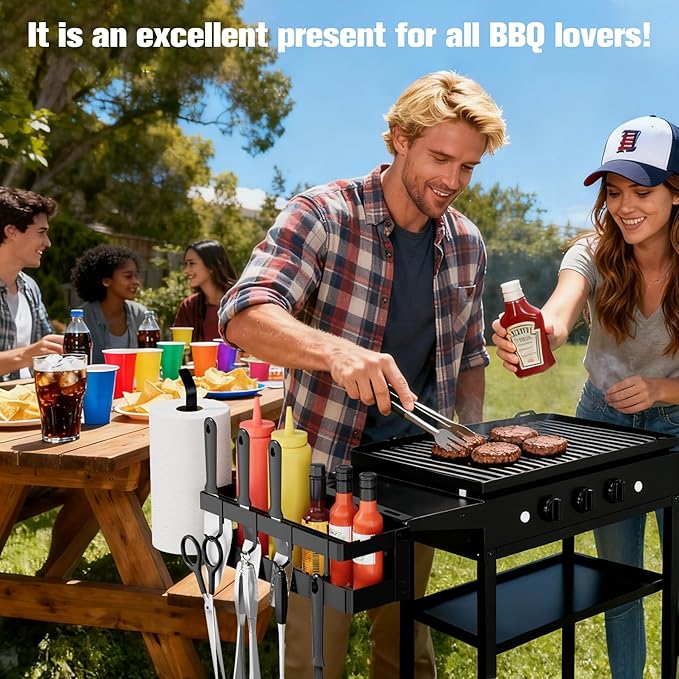 Griddle Caddy for Blackstone 17"/28"/36" Griddles/Prep Cart, Grill Caddy Blackstone Griddle Accessories Storage Organize with Paper Towel Holder & 4 Hooks for Outdoor BBQ Grill Accessories