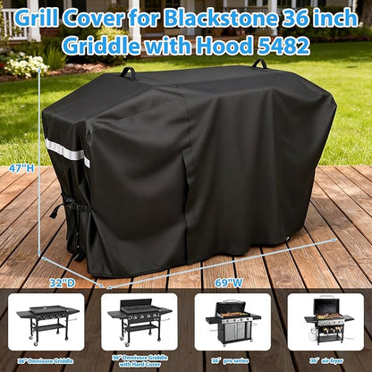 Utheer Grill Cover for Blackstone 36 Inch Griddle with Hood, 5482 Cover 600D Waterproof Heavy Duty Flat Top Grill Cover, Full-Length Outdoor Griddle Cover with Zipper and Adjustable Buckles, Black