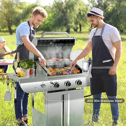 Two men grilling outdoors using a stainless steel barbecue grill on a sunny day.