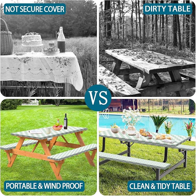 Picnic Table Cover with Bench Covers and Bag, Sage Green and White Checkered Buffalo Plaid Camping Tablecloth Waterproof Elastic Edges Fitted Gingham Tablecloth for Outdoor Garden 3PCS 30x60 Inch