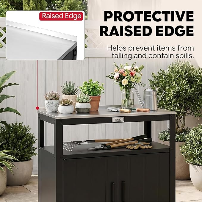 Feasto Metal Outdoor Potting Bench with Storage Cabinet for Garden Work | Durable Metal Cabinet & Stainless Steel Top, Open Middle Shelf, Raised Edge & Adjustable Feet, for Patio, Lawn & Greenhouse