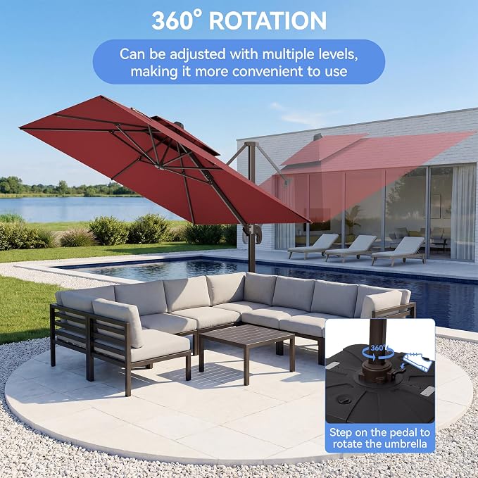 10x10FT Cantilever Outdoor Patio Umbrellas，Double Top Large Square Umbrella Heavy Duty 360°Rotation Offset Outdoor Sun Shade Umbrella for Garden Deck Pool Backyard Patio, Red