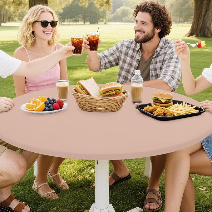 Smiry Round Spandex Tablecloth, Waterpoof Stretch Picnic Table Cover for 36"-44" Tables, Elastic Fitted Washable Tablecloths Dining, Indoor and Outdoor, Nude