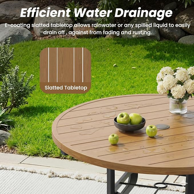 Round Outdoor Patio Dining Table, 47" Round Patio Table Wood-Like Grain with 1.57" Umbrella Hole, Metal Outdoor Dining Tables for Backyard and Poolside