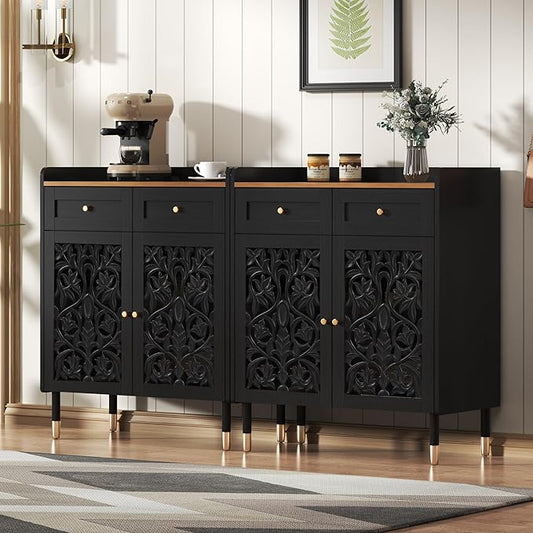 3More Sideboard Buffet Cabinet with Retro Carving Pattern Set of 2, Kitchen Pantry Storage Cabinet with 1 Drawer & 2 Doors, Coffee Bar for Living Room, Kitchen, Dining Room, Black