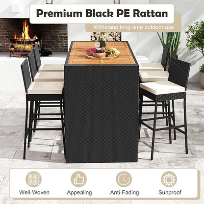 7 Piece Patio Wicker Bar Set, Rattan Bar Stools Set for Bistro with Acacia Wood Tabletop & Seat Cushions, Outdoor High Top Table and Chairs for Backyard Garden Porch Poolside (73 Inch)