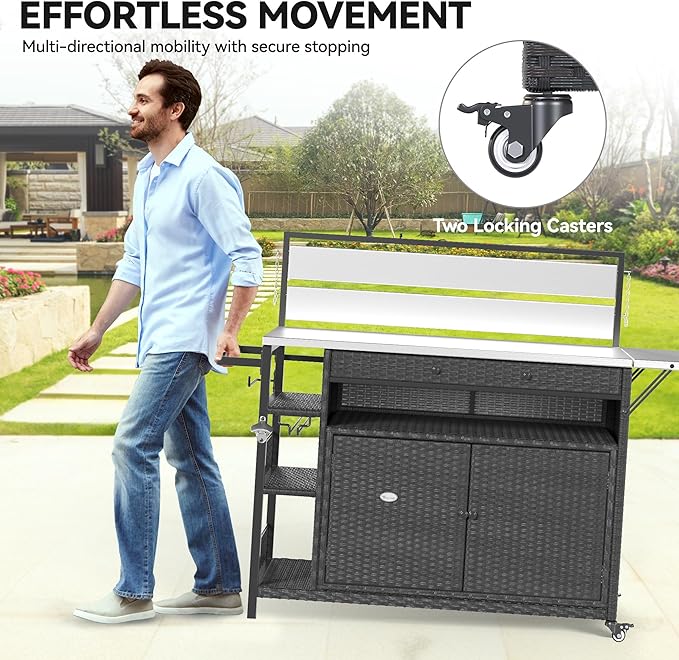 YITAHOME XL Outdoor Kitchen Island, Outdoor Bar Table & Storage Cabinet, Wheels and Stainless Steel Extended Table Top, Side Handle for Patio Kitchen or Bar Cart, Dark Brown