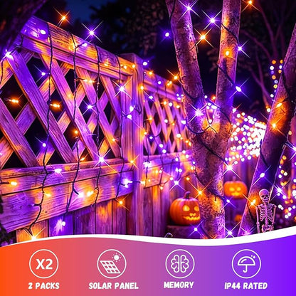 QITONG Solar Halloween String Lights, 2 Pack Each 33ft 100 LED Orange and Purple Led Lights Outdoor Waterproof, 8 Modes Christmas Solar Twinkle Lights for Patio Porch Decor