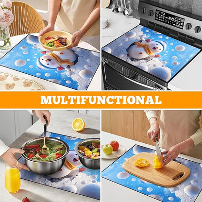 Christmas Multi-Design Stove Cover for Glass/Electric Stoves - 3-in-1 Heat-Resistant Protector Mat, Non-Slip Drying Rack 28"x20"