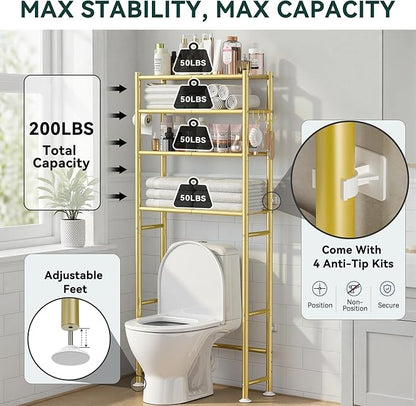 GloTika 4-Tier Over The Toilet Storage, 200lb Total Capacity Metal Bathroom Organizer with 36" Clearance, Includes Paper Holder & 4 Hooks, Space Saving Rack for Bathroom Laundry Room (64" H, Gold)