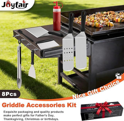 8Pcs Griddle Accessories Kit for Blackstone, Joyfair Flattop Grilling Accessory Tool Set with Stainless Steel Burger Spatula Turner, Metal Flipper, for Outdoor BBQ Teppanyaki Hibachi, (PP Handles)