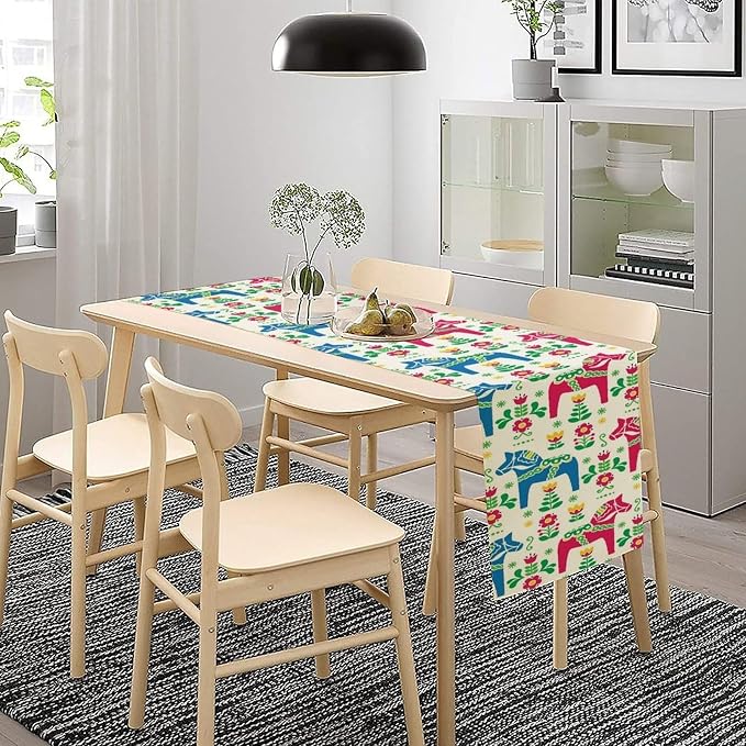 House Table Runner Swedish Art Horse and Flower,Cotton Linen Table Runner Decoration Kitchen Dining Table Runners for Indoor Outdoor Home Party Holiday Decor 13X36Inch