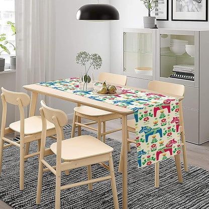 House Table Runner Swedish Art Horse and Flower,Cotton Linen Table Runner Decoration Kitchen Dining Table Runners for Indoor Outdoor Home Party Holiday Decor 13X90Inch