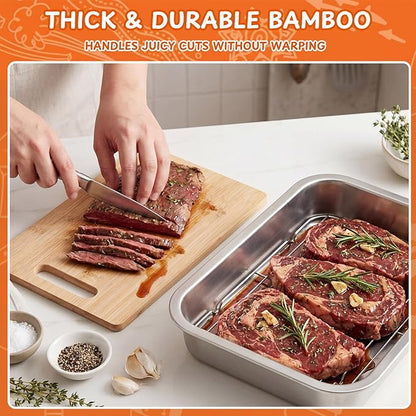 8-in-1 Stainless Steel Grill Prep Tray and Carry System with Meat Resting Bag, Bamboo Cutting Board, Rack, Pans & Lids - Outdoor BBQ Kit Grill Accessories for Cooking, Camping, Kitchen Prep(Large)